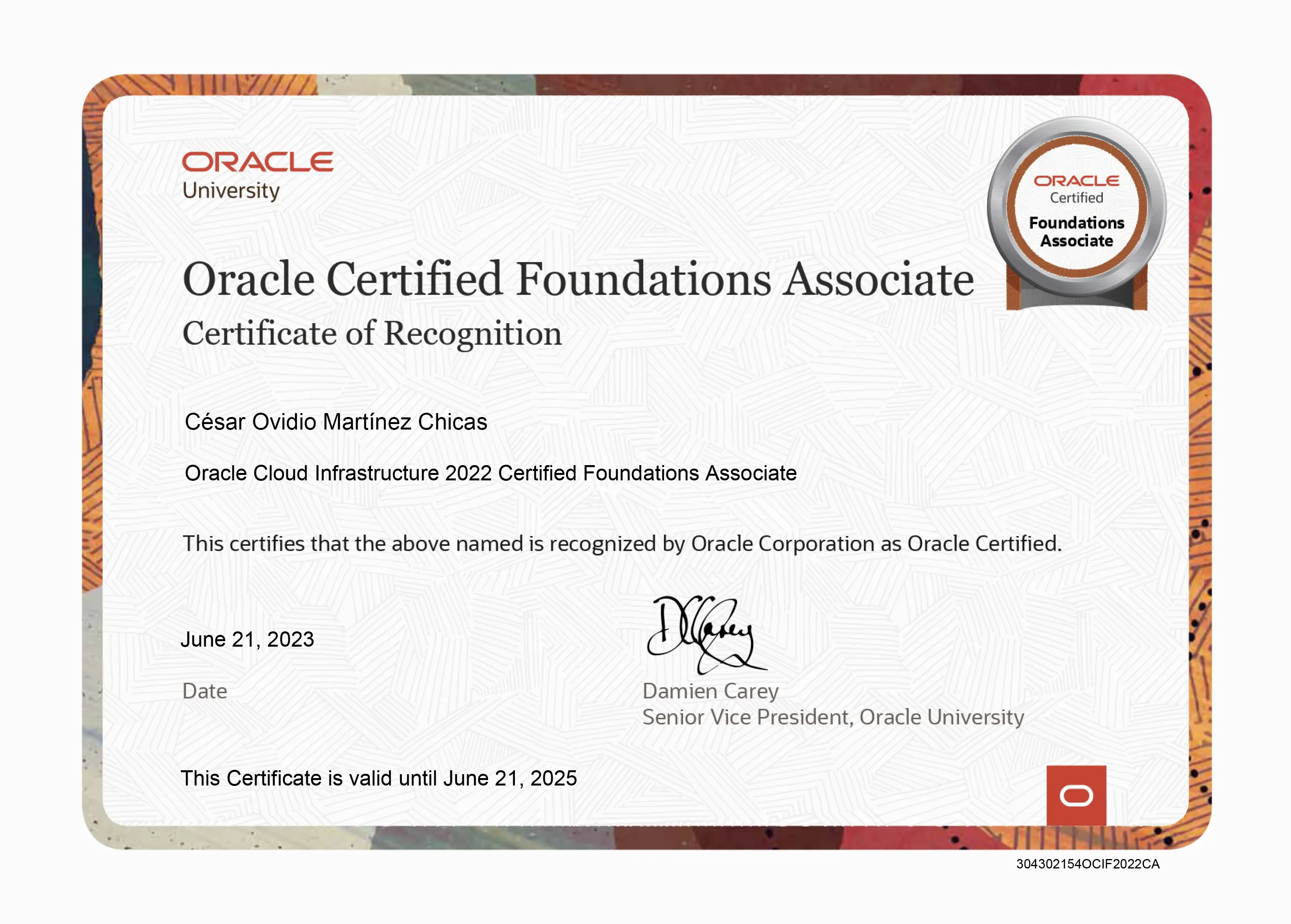 Captura de pantalla del proyecto ./Certificados/OracleInfraestructure.webp